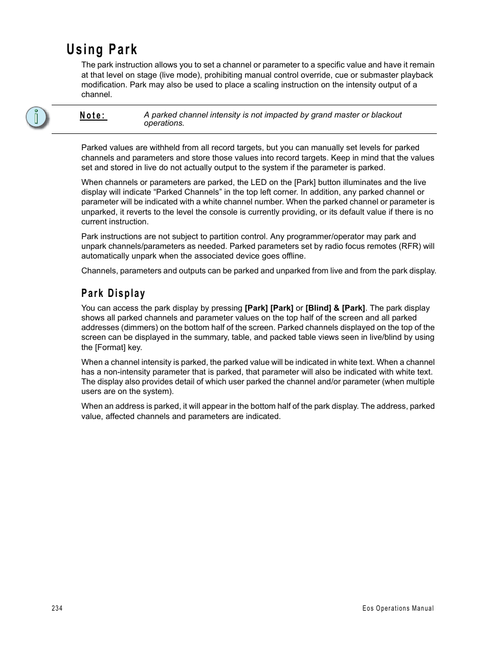 Using park, Park display | ETC Eos v1.3 User Manual | Page 248 / 356