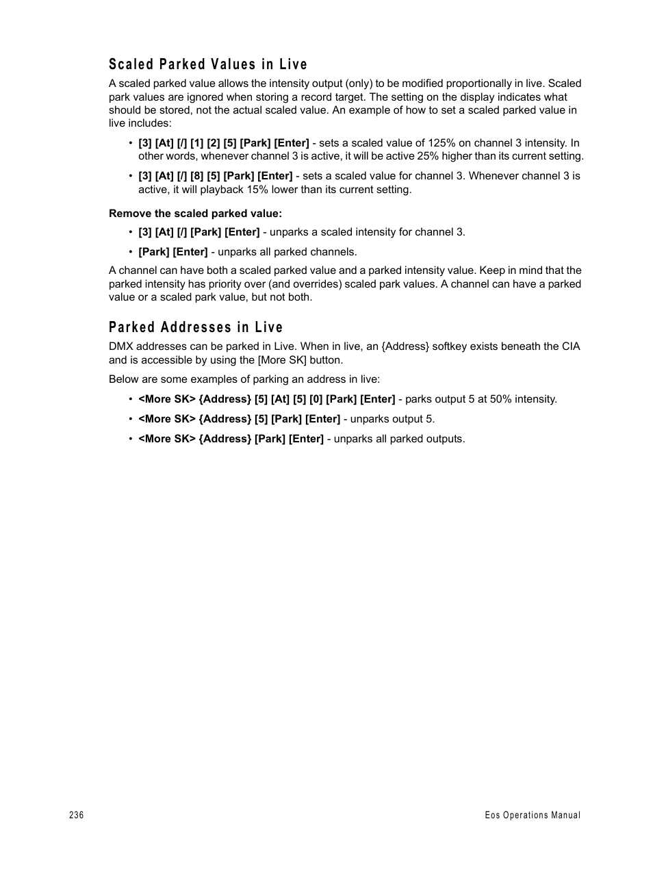 Scaled parked values in live, Parked addresses in live | ETC Eos v1.3 User Manual | Page 250 / 356