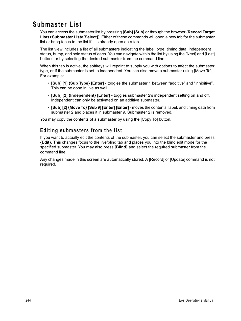 Submaster list, Editing submasters from the list | ETC Eos v1.3 User Manual | Page 258 / 356