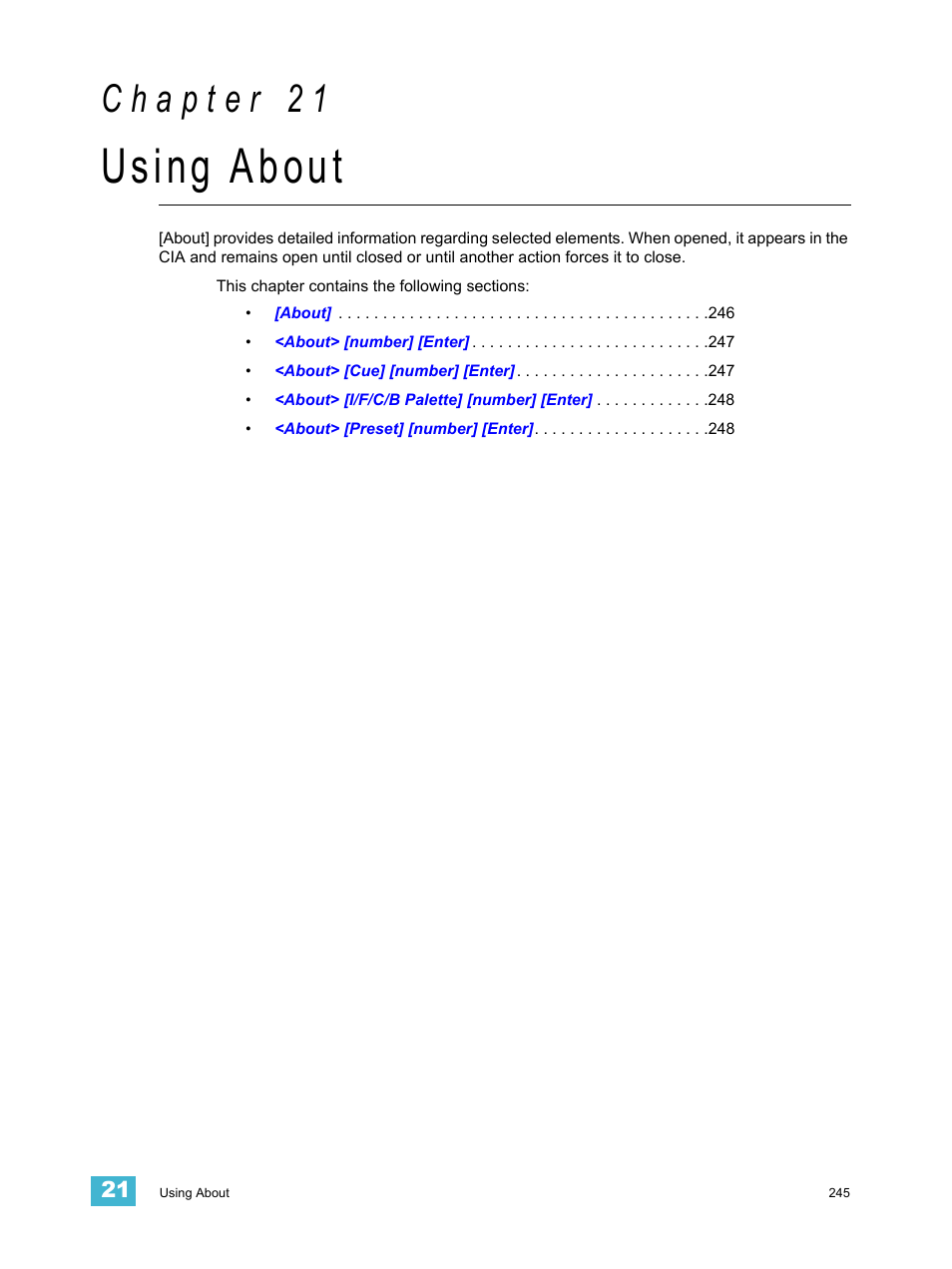 Using about, C h a p t e r 2 1 | ETC Eos v1.3 User Manual | Page 259 / 356