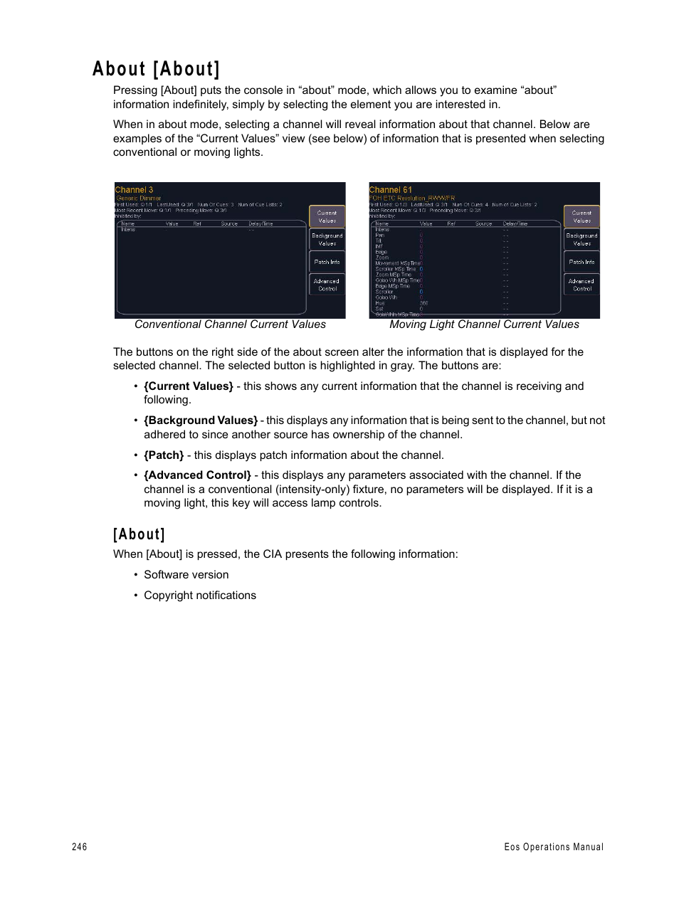 About [about, About | ETC Eos v1.3 User Manual | Page 260 / 356