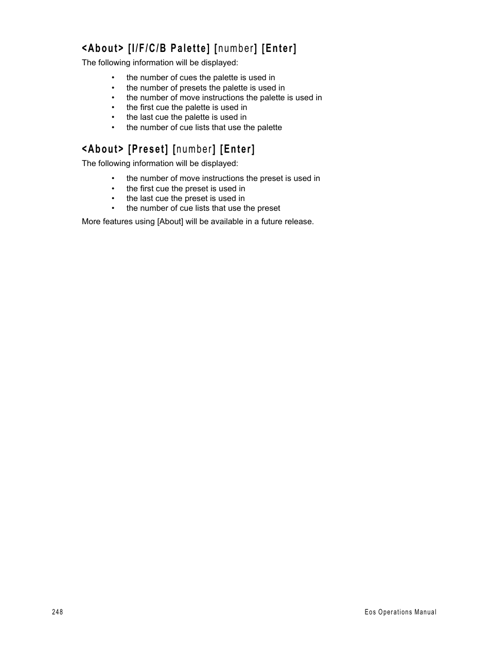 About> [i/f/c/b palette] [number] [enter, About> [preset] [number] [enter, About> [i/f/c/b palette] [number | About> [preset] [number, About> [i/f/c/b palette] [ number ] [enter, About> [preset] [ number ] [enter | ETC Eos v1.3 User Manual | Page 262 / 356