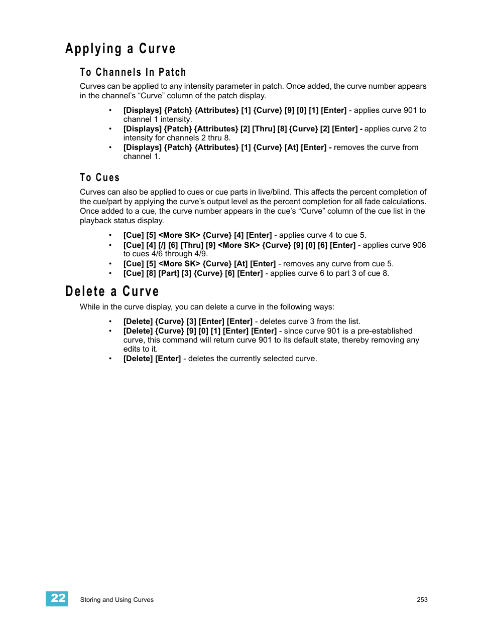 Applying a curve, To channels in patch, To cues | Delete a curve, To channels in patch to cues | ETC Eos v1.3 User Manual | Page 267 / 356