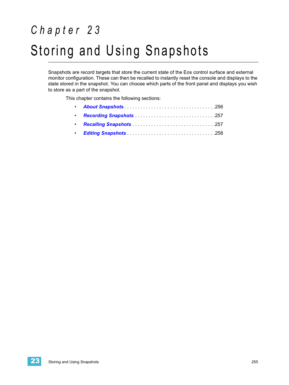 Storing and using snapshots, C h a p t e r 2 3 | ETC Eos v1.3 User Manual | Page 269 / 356