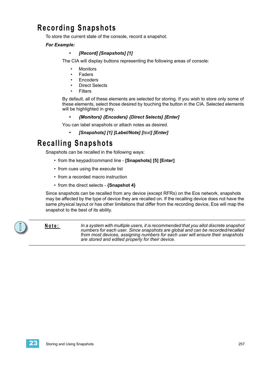 Recording snapshots, Recalling snapshots | ETC Eos v1.3 User Manual | Page 271 / 356