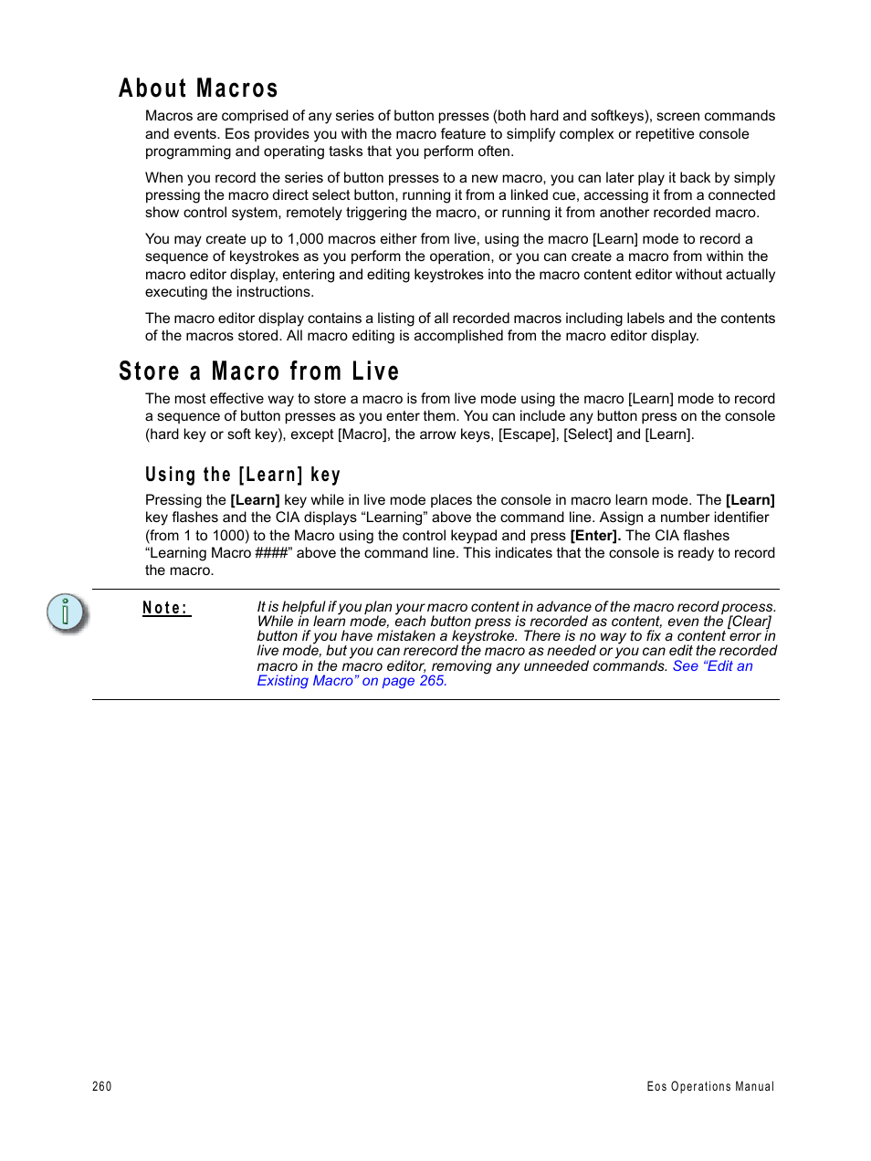 About macros, Store a macro from live, Using the [learn] key | ETC Eos v1.3 User Manual | Page 274 / 356