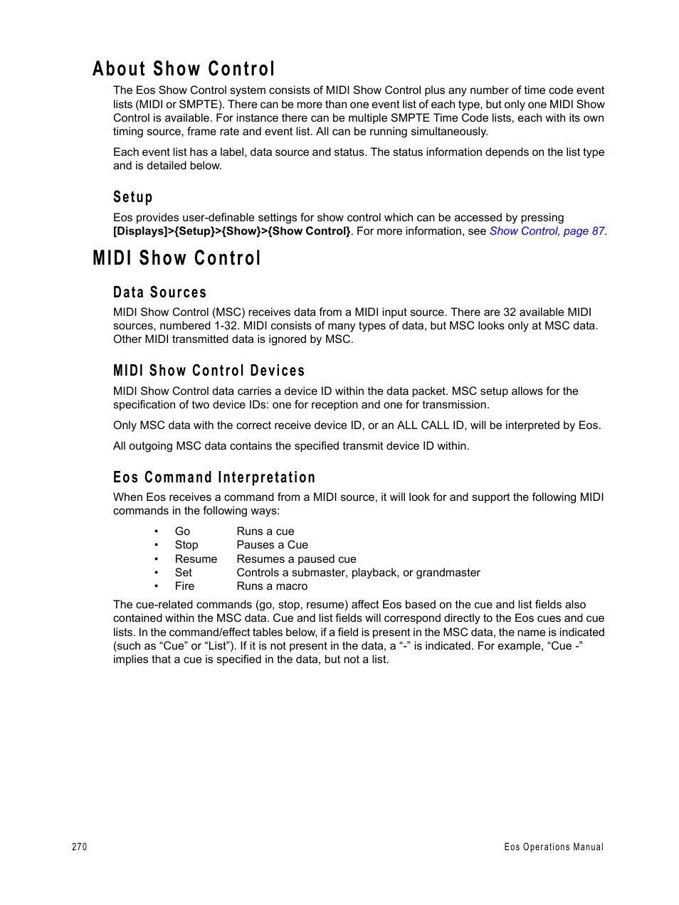 About show control, Setup, Midi show control | Data sources, Midi show control devices, Eos command interpretation | ETC Eos v1.3 User Manual | Page 284 / 356