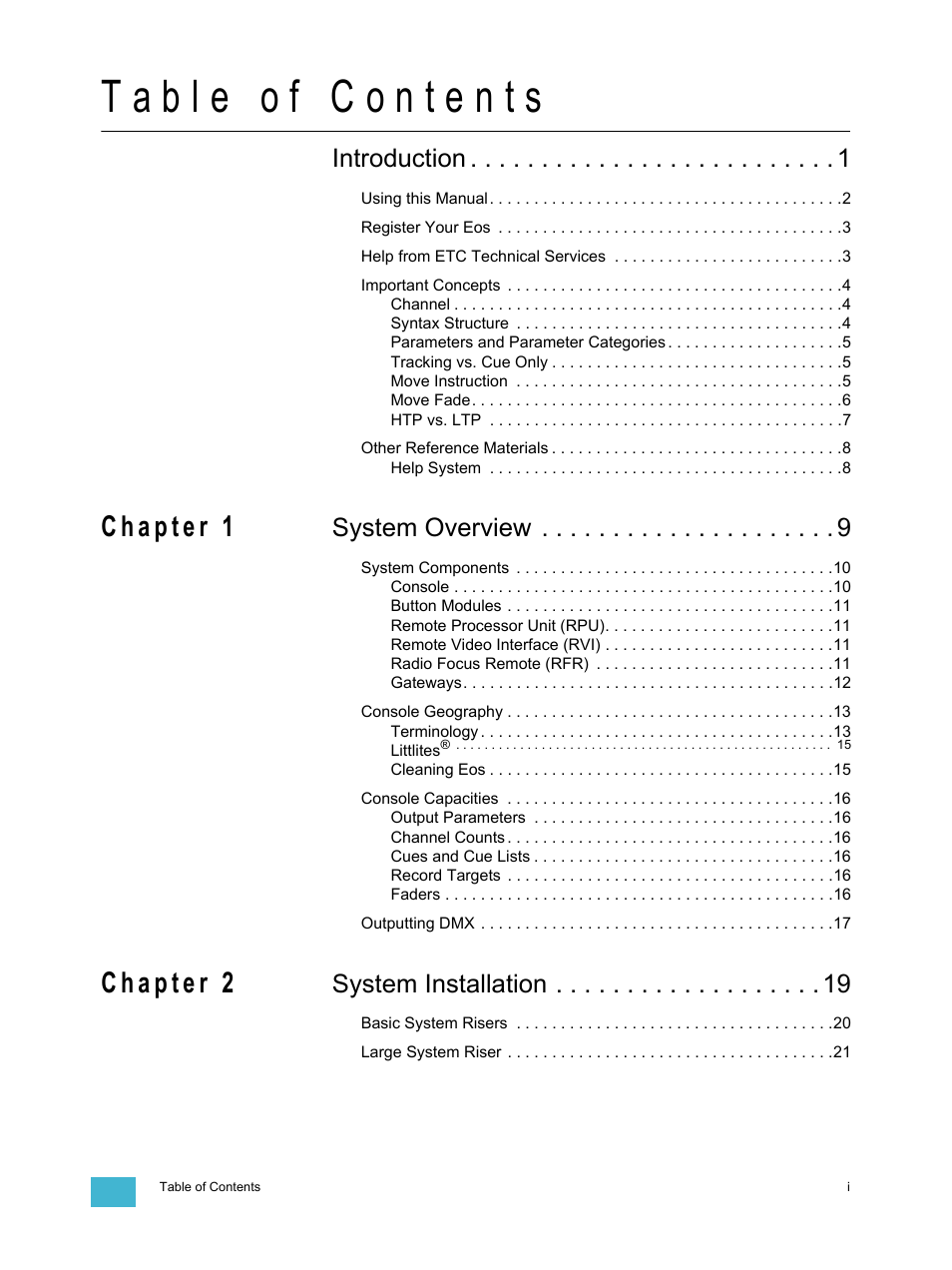 Introduction, System overview, System installation | ETC Eos v1.3 User Manual | Page 3 / 356