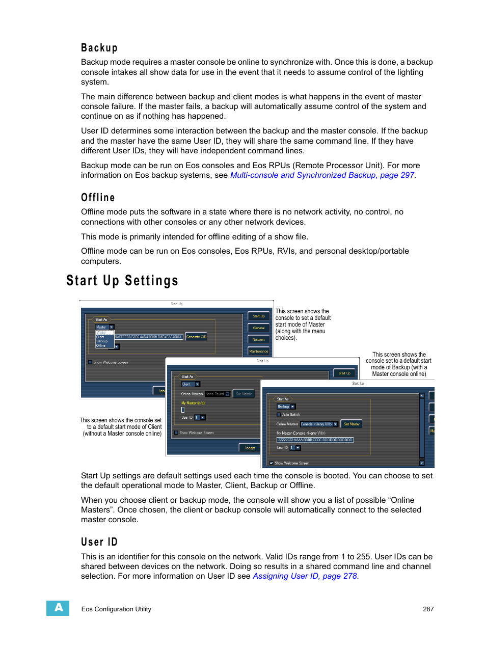 Start up settings, Backup, Offline | User id | ETC Eos v1.3 User Manual | Page 301 / 356