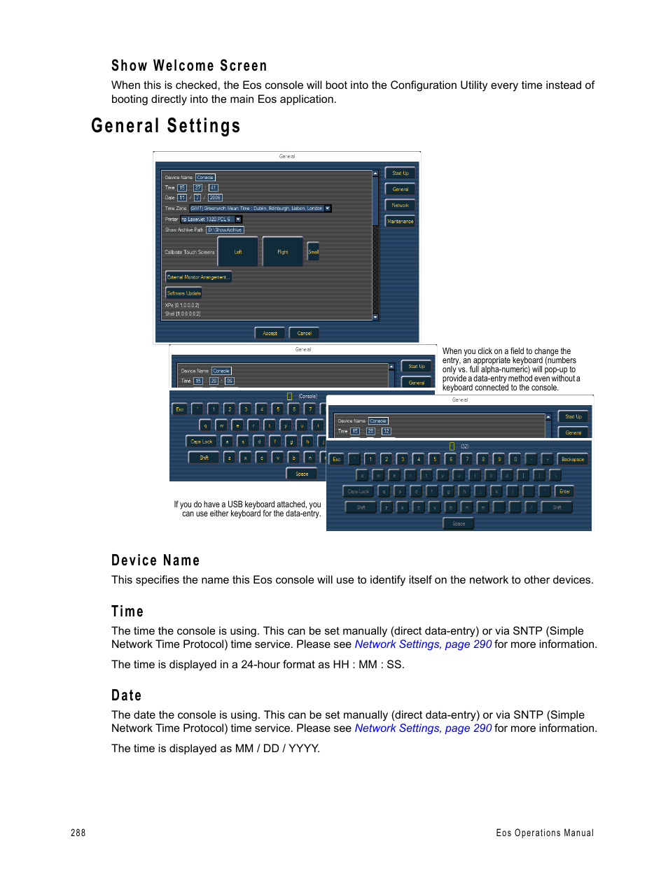 General settings, Show welcome screen, Device name | Time, Date | ETC Eos v1.3 User Manual | Page 302 / 356