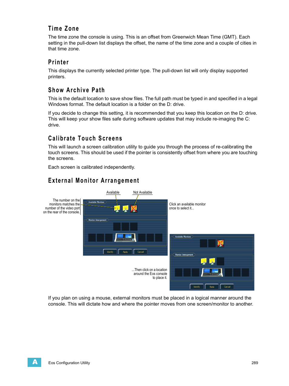 Time zone, Printer, Show archive path | Calibrate touch screens, External monitor arrangement | ETC Eos v1.3 User Manual | Page 303 / 356