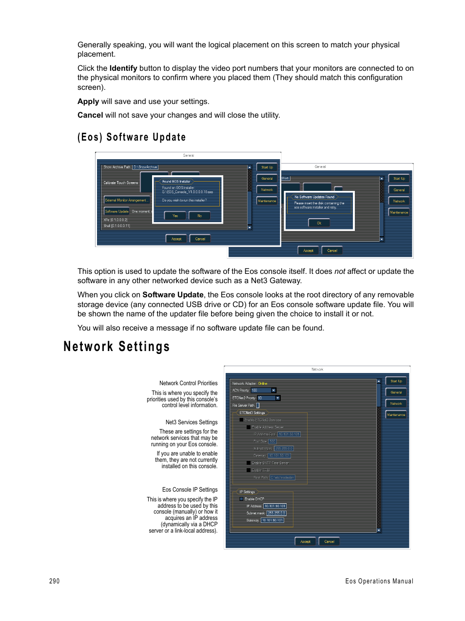 Network settings, Eos) software update | ETC Eos v1.3 User Manual | Page 304 / 356