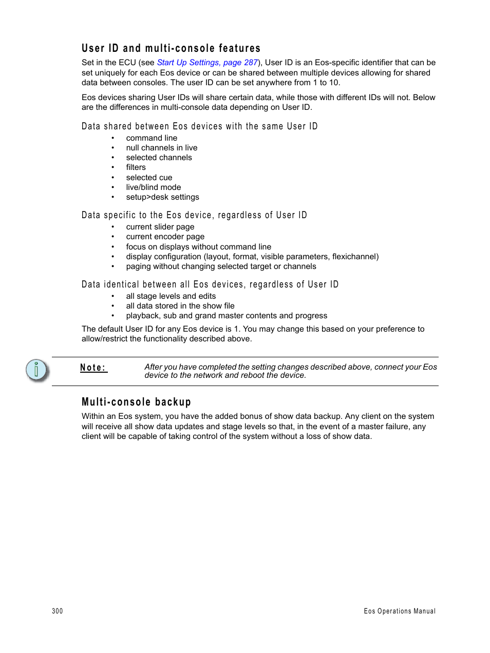 User id and multi-console features, Multi-console backup | ETC Eos v1.3 User Manual | Page 314 / 356