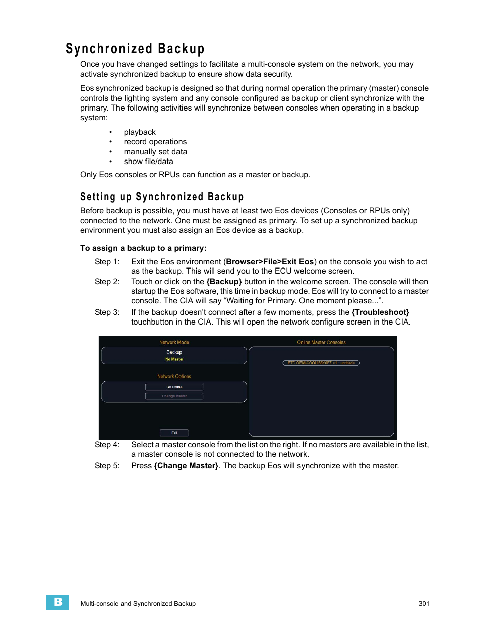 Synchronized backup, Setting up synchronized backup | ETC Eos v1.3 User Manual | Page 315 / 356