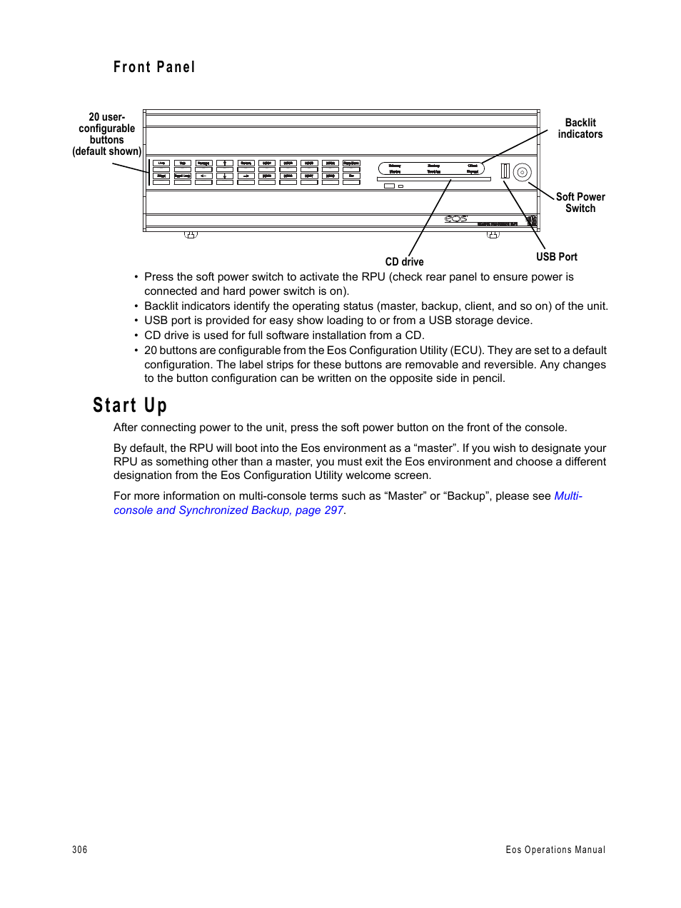 Start up, Front panel | ETC Eos v1.3 User Manual | Page 320 / 356