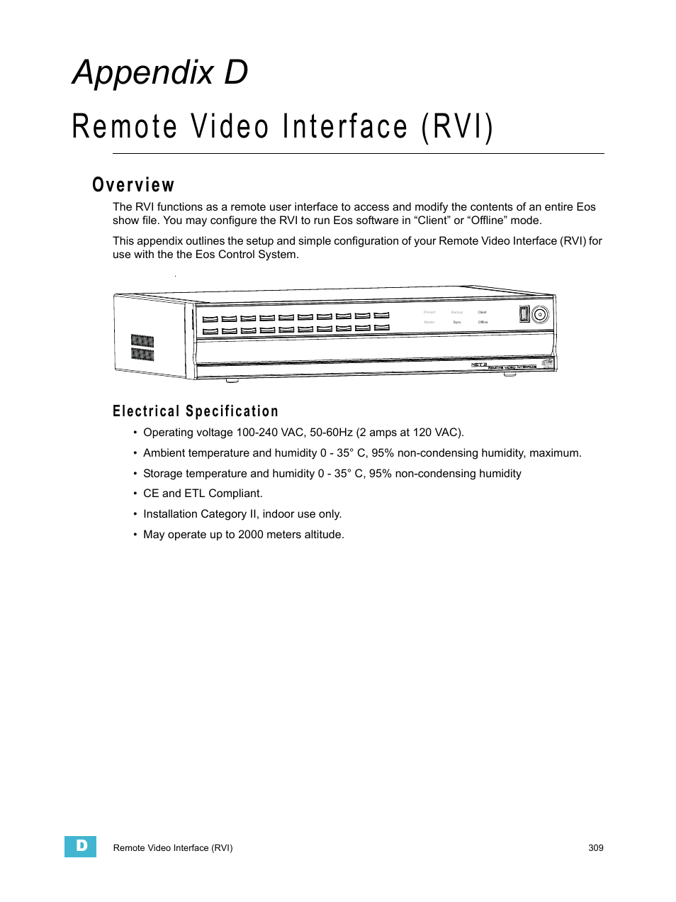 Remote video interface (rvi), Overview, A p p e n d i x d | Appendix d remote video interface (rvi), Electrical specification | ETC Eos v1.3 User Manual | Page 323 / 356