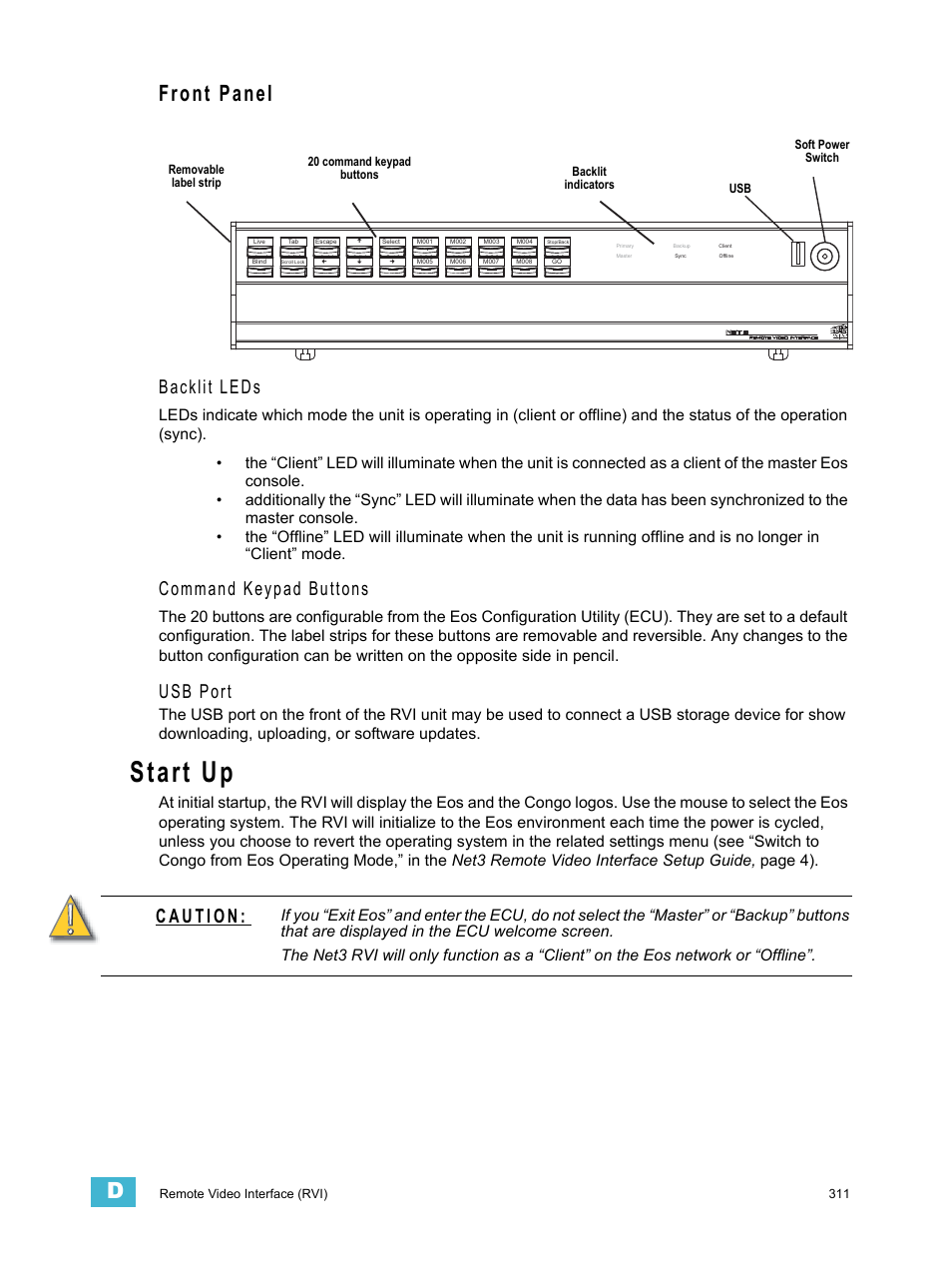 Start up, Front panel, Backlit leds | Command keypad buttons, Usb port | ETC Eos v1.3 User Manual | Page 325 / 356