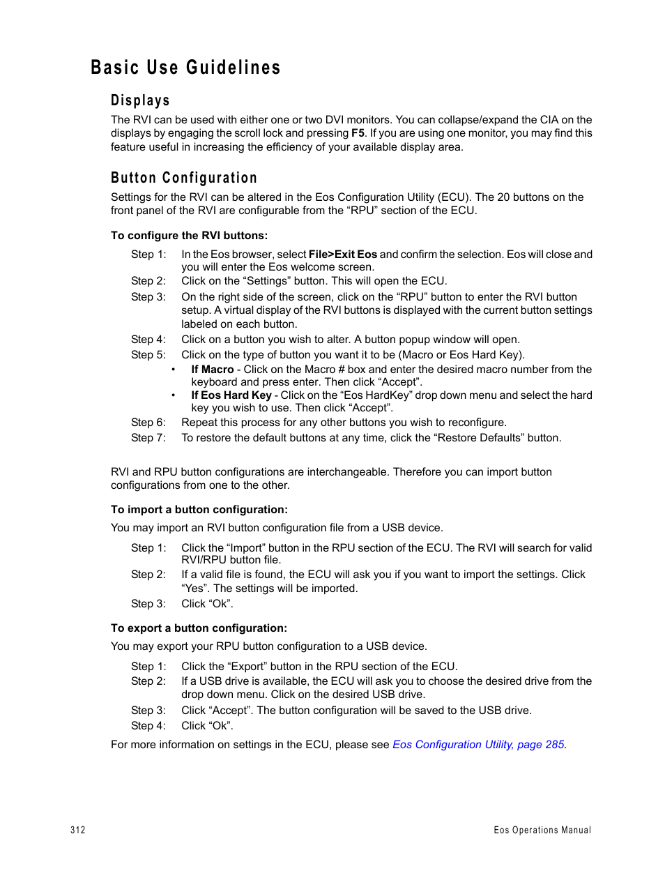 Basic use guidelines, Displays, Button configuration | ETC Eos v1.3 User Manual | Page 326 / 356