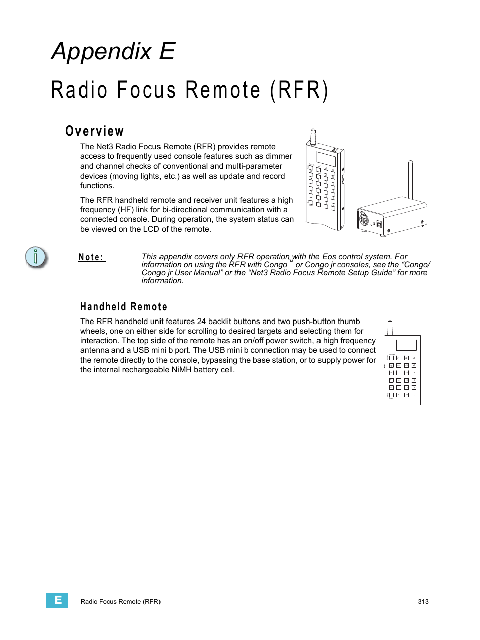 Radio focus remote (rfr), Overview, A p p e n d i x e | Appendix e radio focus remote (rfr), Handheld remote, N o t e, Radio focus remote (rfr) 313 | ETC Eos v1.3 User Manual | Page 327 / 356