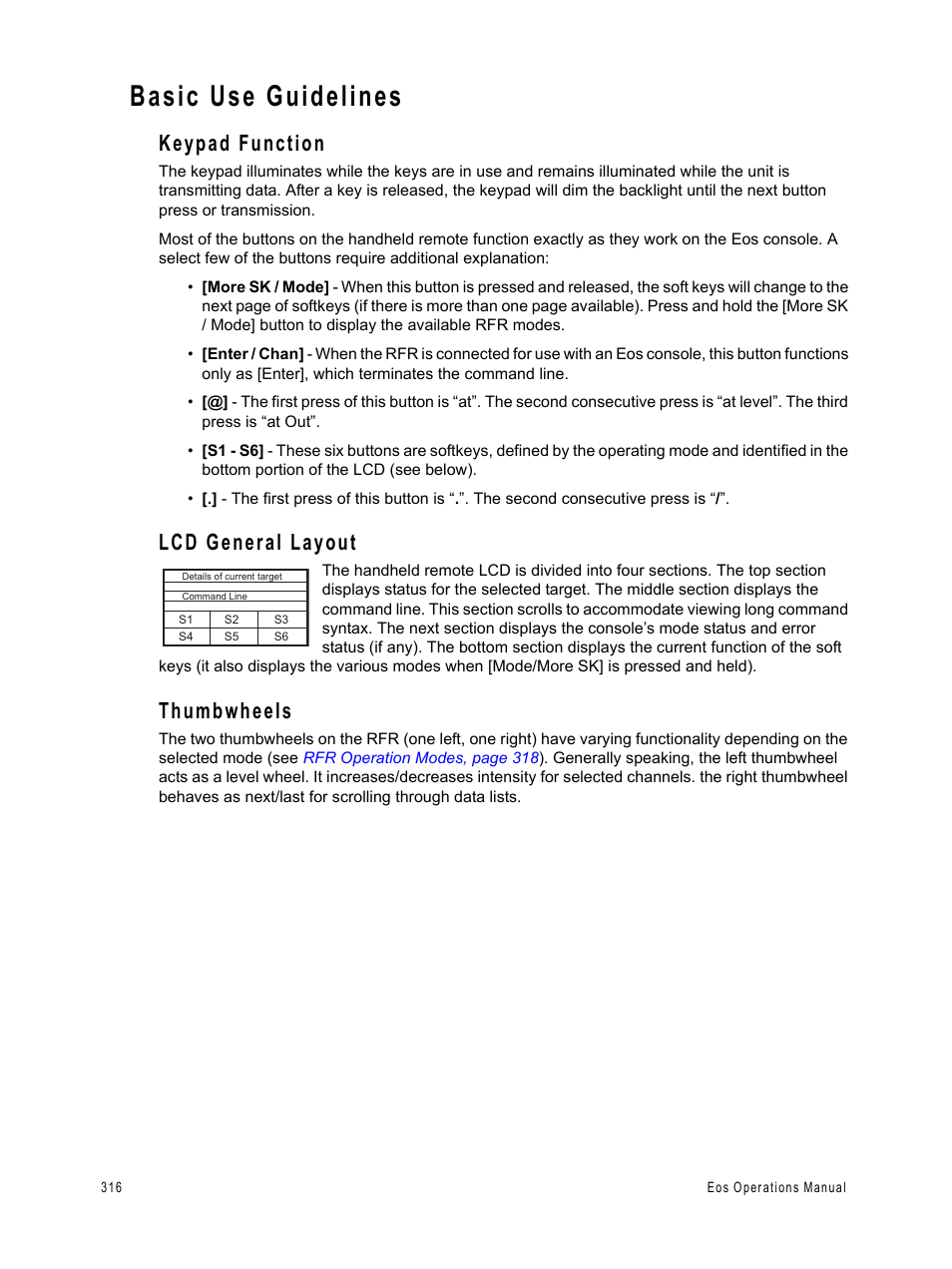 Basic use guidelines, Lcd general layout, Keypad function | Thumbwheels | ETC Eos v1.3 User Manual | Page 330 / 356