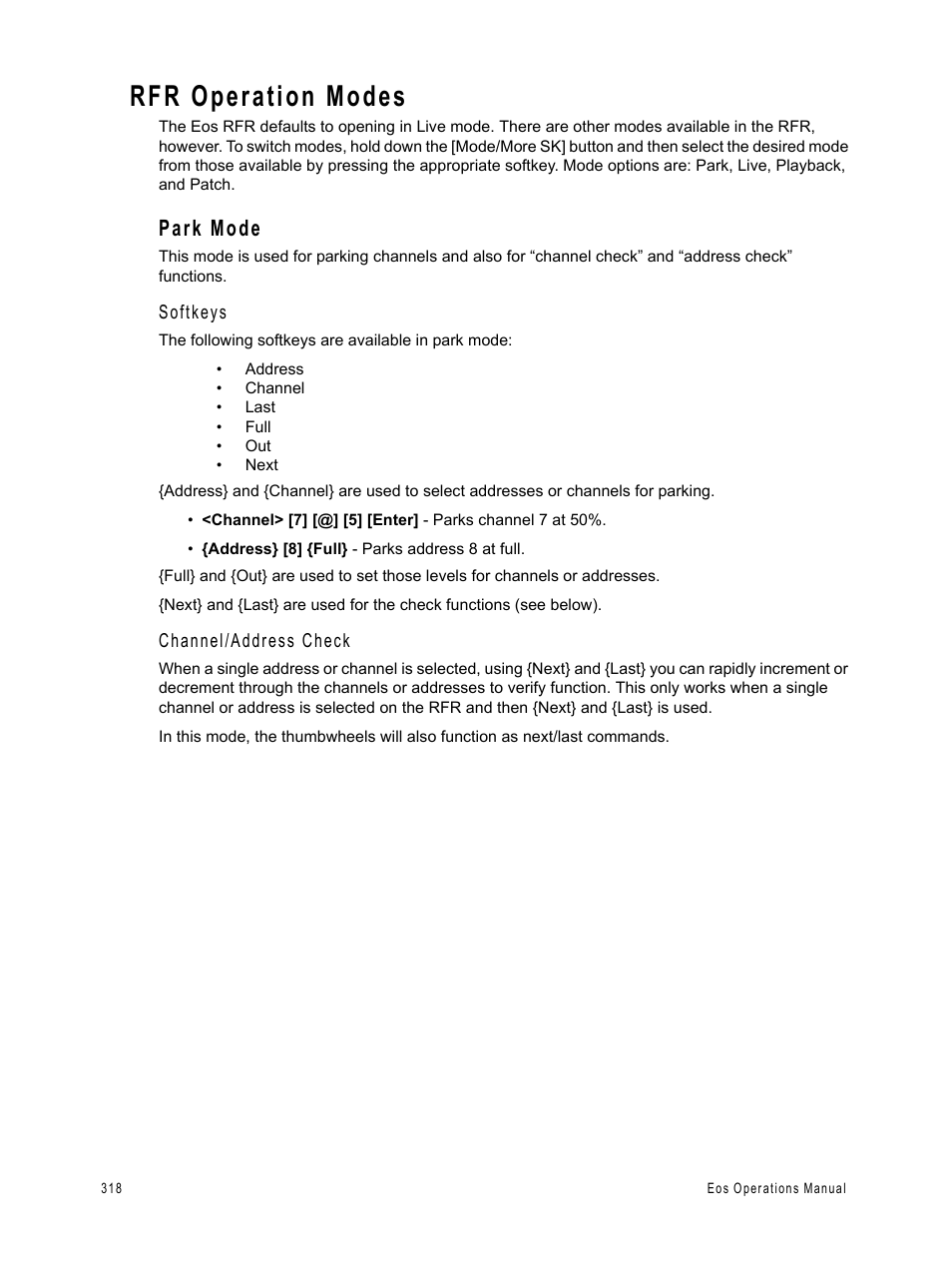 Rfr operation modes, Park mode | ETC Eos v1.3 User Manual | Page 332 / 356