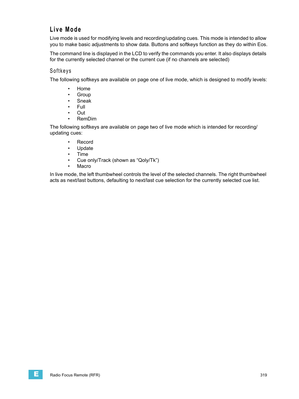 Live mode, Softkeys | ETC Eos v1.3 User Manual | Page 333 / 356