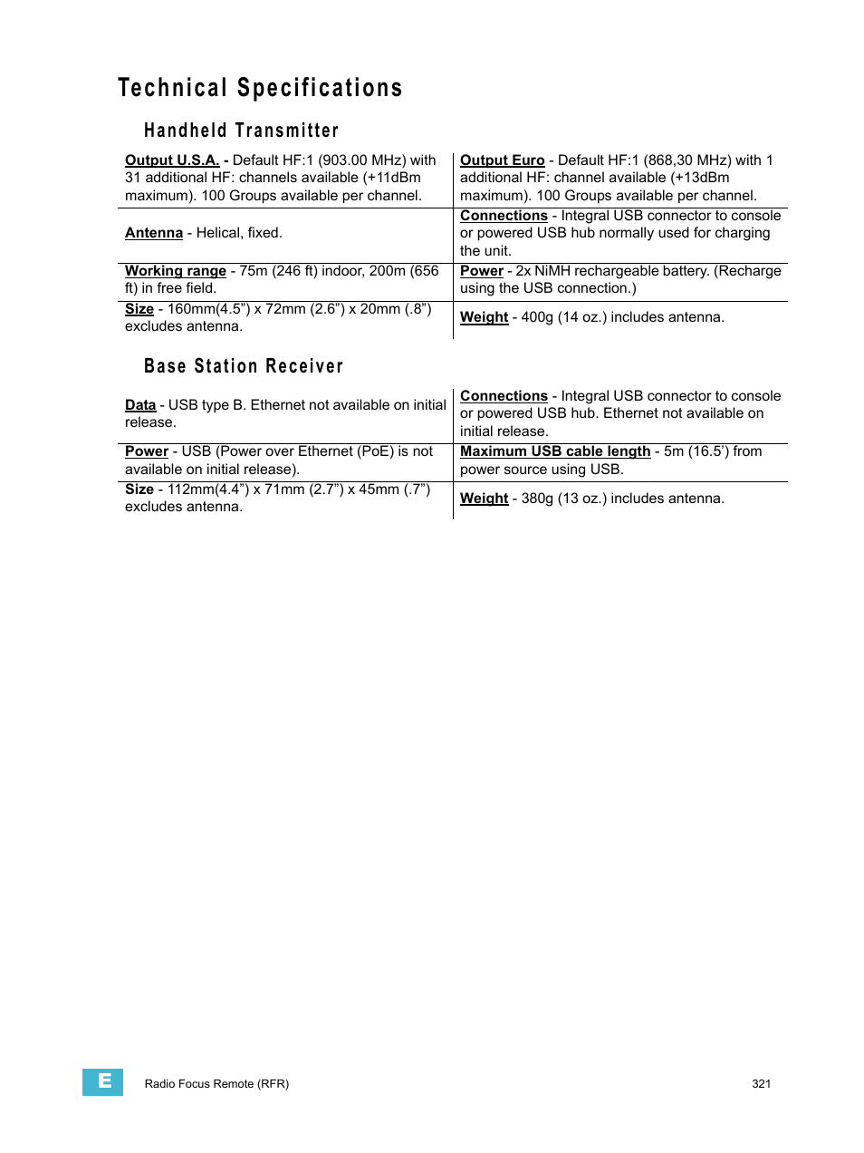 Technical specifications, Handheld transmitter base station receiver | ETC Eos v1.3 User Manual | Page 335 / 356