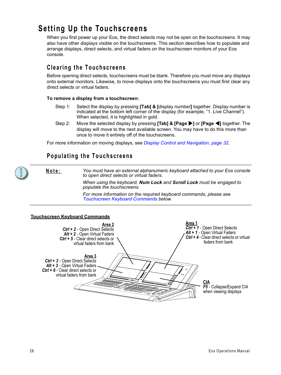 Setting up the touchscreens, Clearing the touchscreens, Populating the touchscreens | ETC Eos v1.3 User Manual | Page 42 / 356