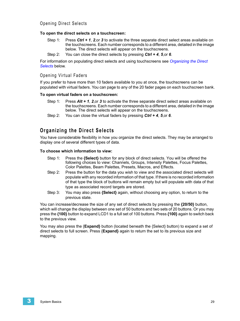 Organizing the direct selects, Opening direct selects, Opening virtual faders | ETC Eos v1.3 User Manual | Page 43 / 356