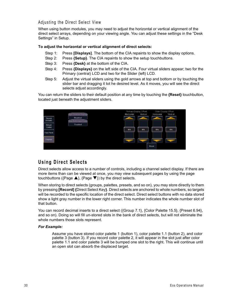 Using direct selects, Adjusting the direct select view | ETC Eos v1.3 User Manual | Page 44 / 356