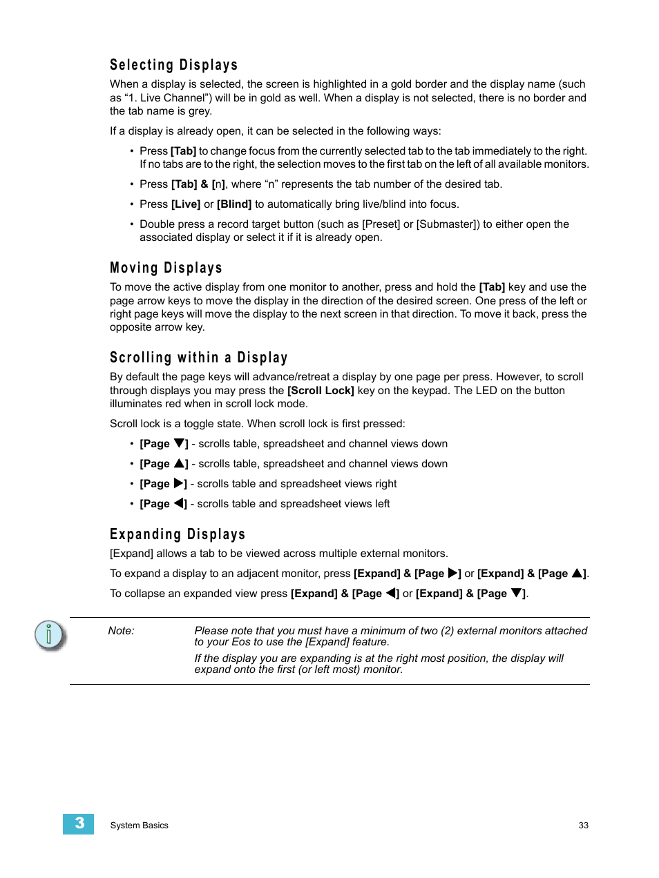 Selecting displays, Moving displays, Scrolling within a display | Expanding displays | ETC Eos v1.3 User Manual | Page 47 / 356