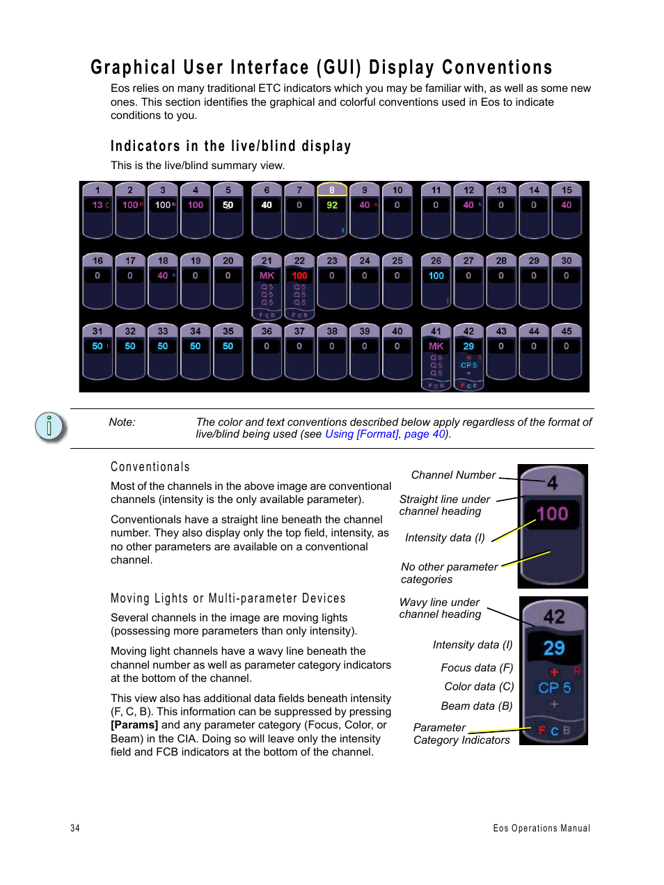 Graphical user interface (gui) display conventions, Indicators in the live/blind display | ETC Eos v1.3 User Manual | Page 48 / 356