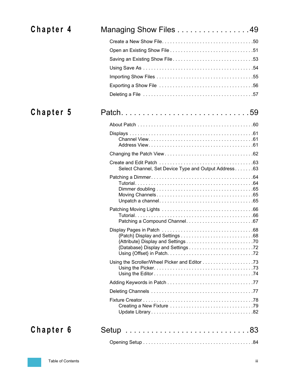 Managing show files, Patch, Setup | ETC Eos v1.3 User Manual | Page 5 / 356