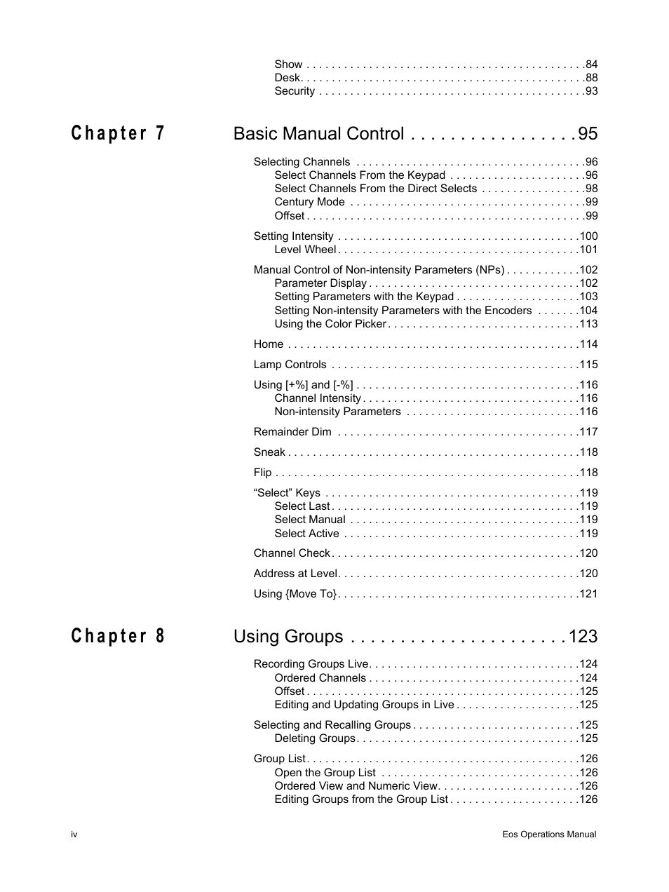 Basic manual control, Using groups | ETC Eos v1.3 User Manual | Page 6 / 356