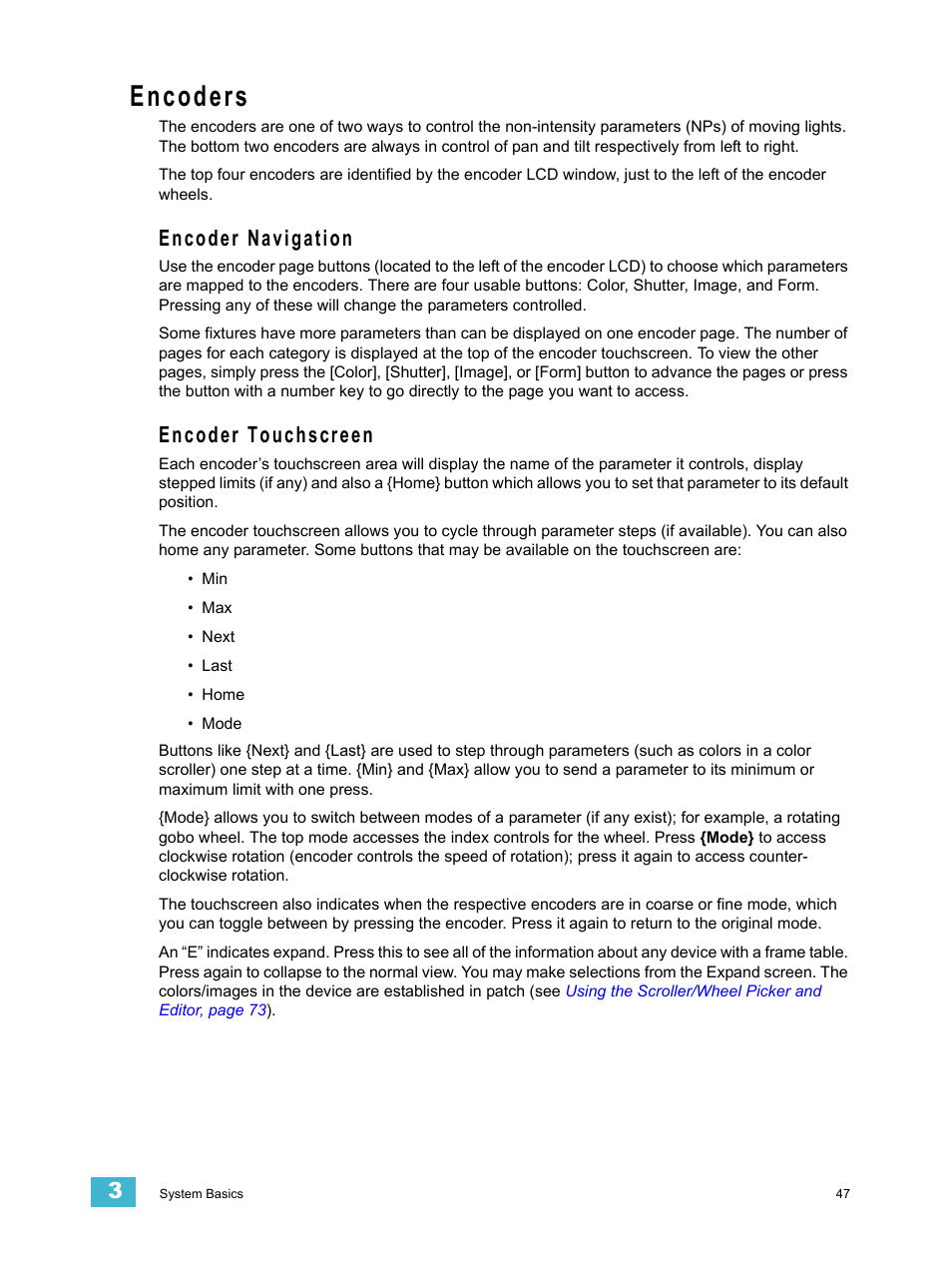 Encoders, Encoder navigation, Encoder touchscreen | Encoder navigation encoder touchscreen | ETC Eos v1.3 User Manual | Page 61 / 356