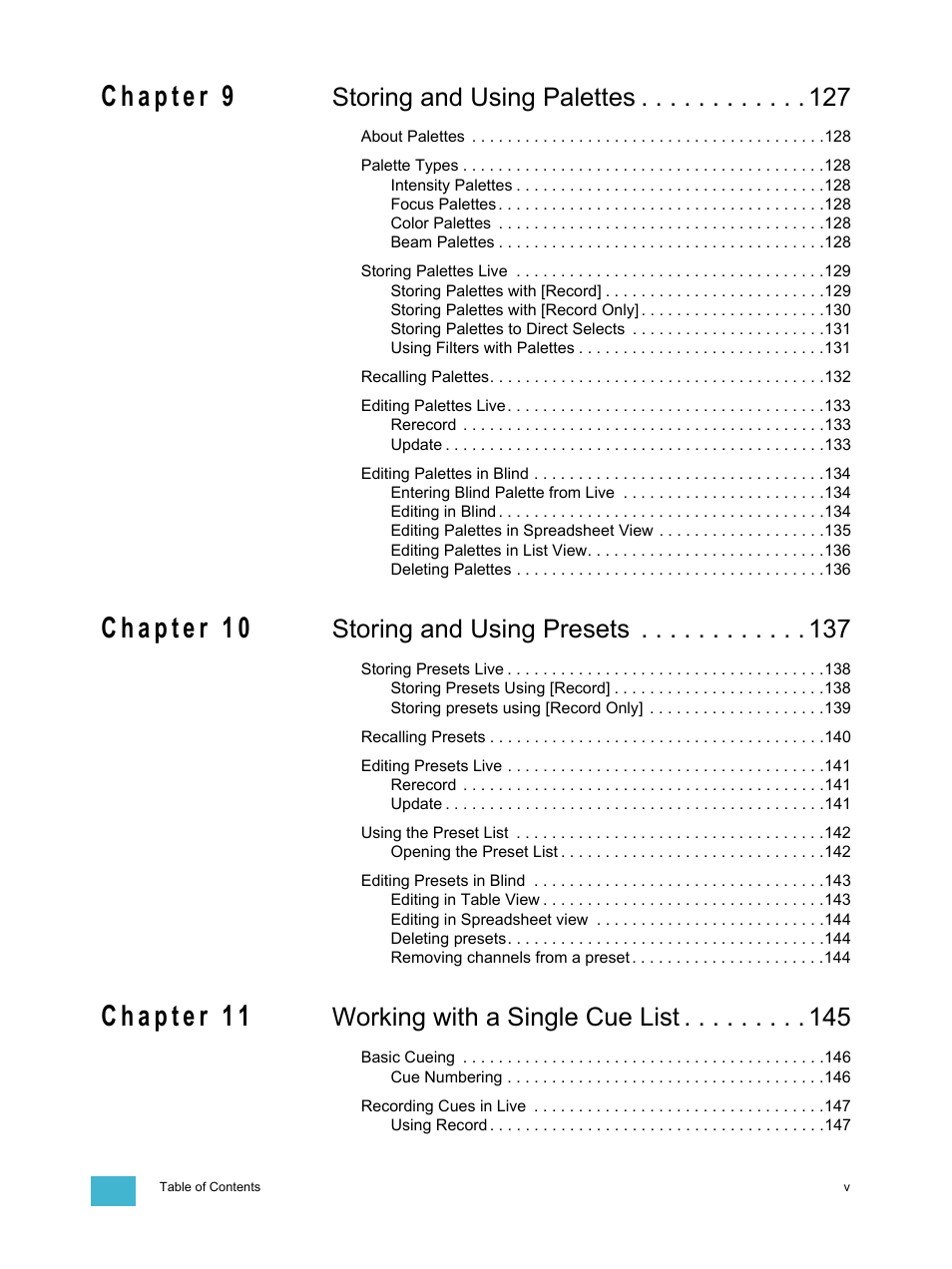 Storing and using palettes, Storing and using presets, Working with a single cue list | ETC Eos v1.3 User Manual | Page 7 / 356