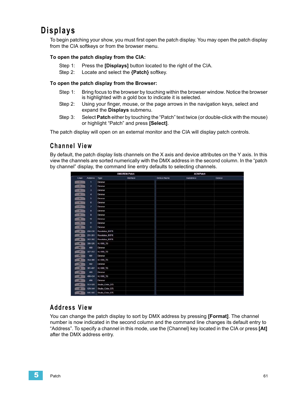 Displays, Channel view, Address view | Channel view address view | ETC Eos v1.3 User Manual | Page 75 / 356