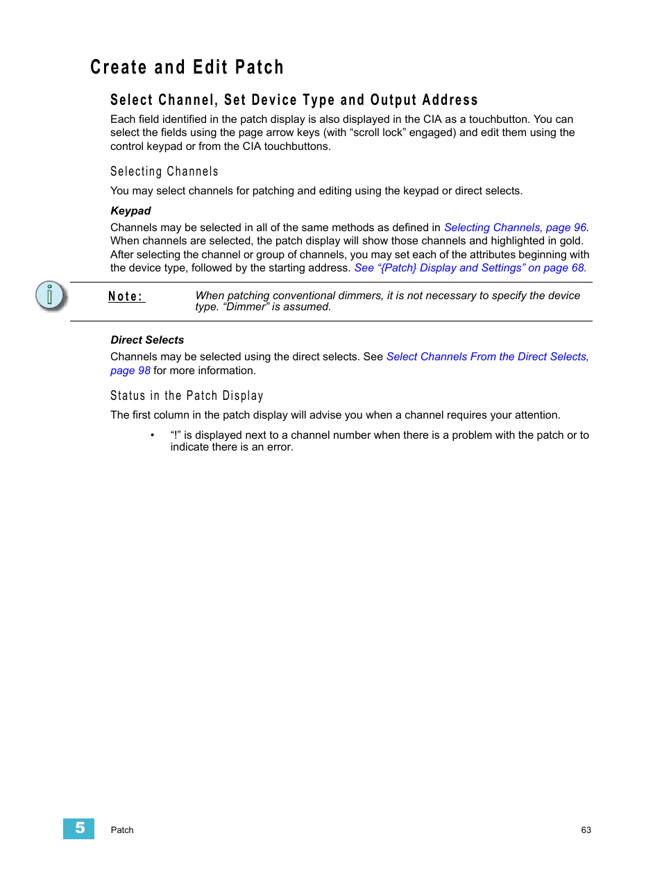 Create and edit patch, Select channel, set device type and output address | ETC Eos v1.3 User Manual | Page 77 / 356