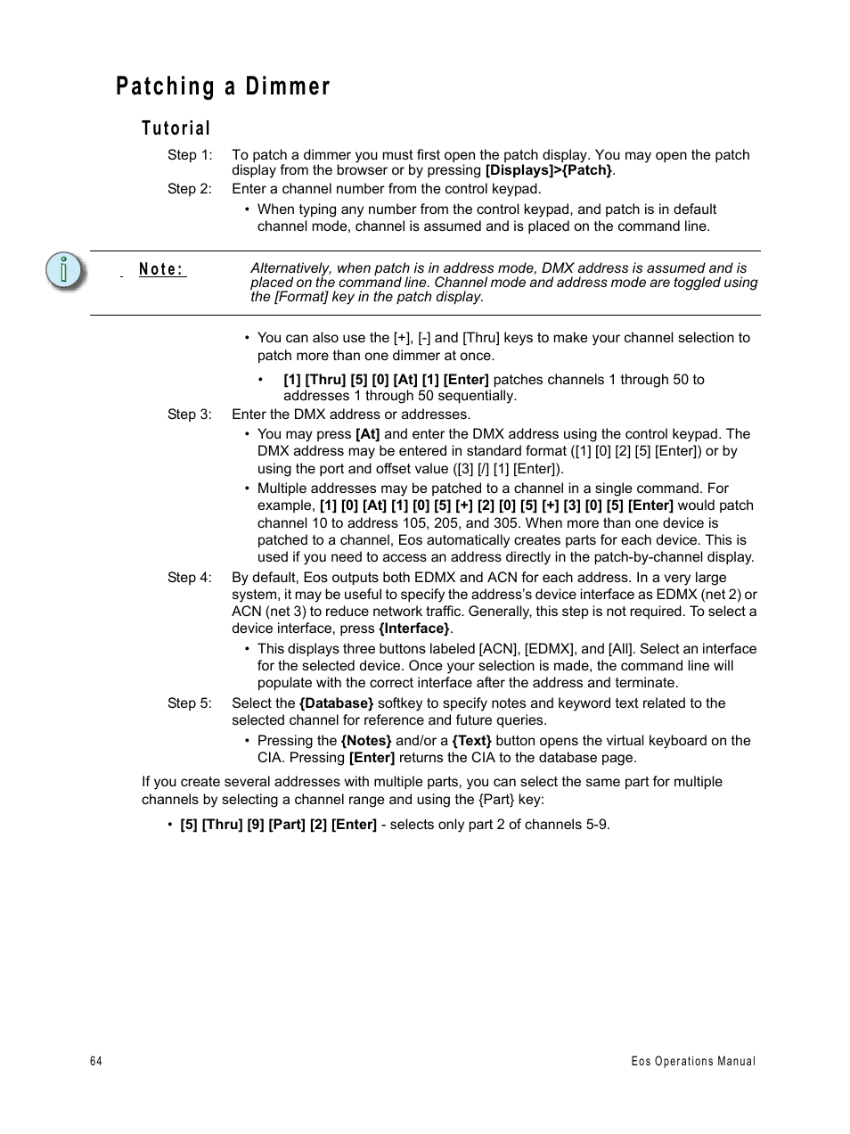 Patching a dimmer, Tutorial | ETC Eos v1.3 User Manual | Page 78 / 356