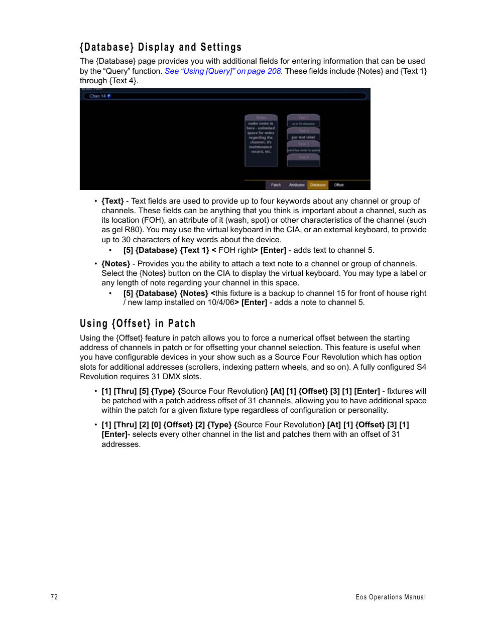 Database} display and settings, Using {offset} in patch | ETC Eos v1.3 User Manual | Page 86 / 356