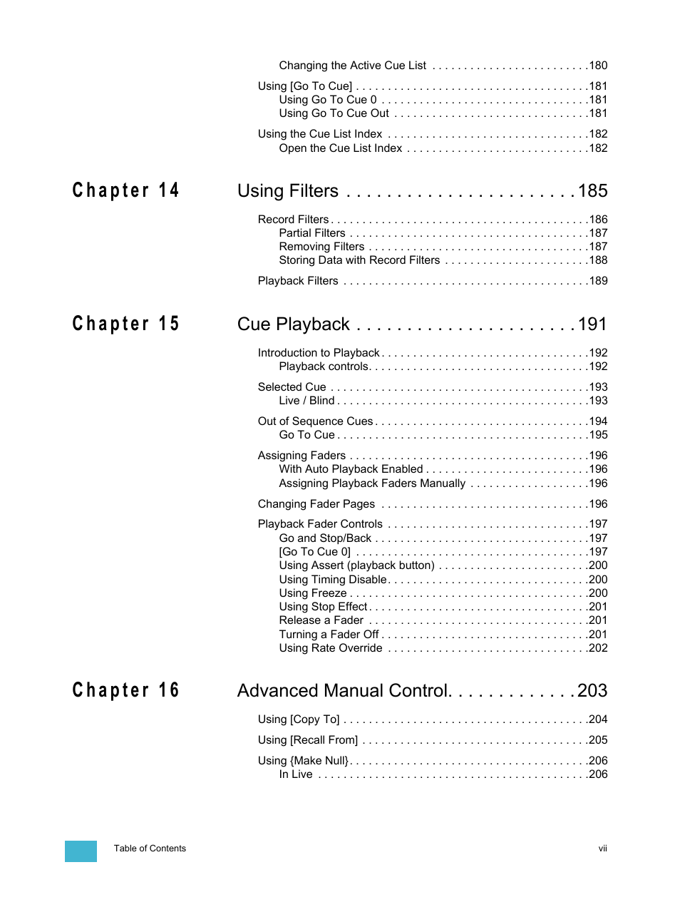 Using filters, Cue playback, Advanced manual control | ETC Eos v1.3 User Manual | Page 9 / 356