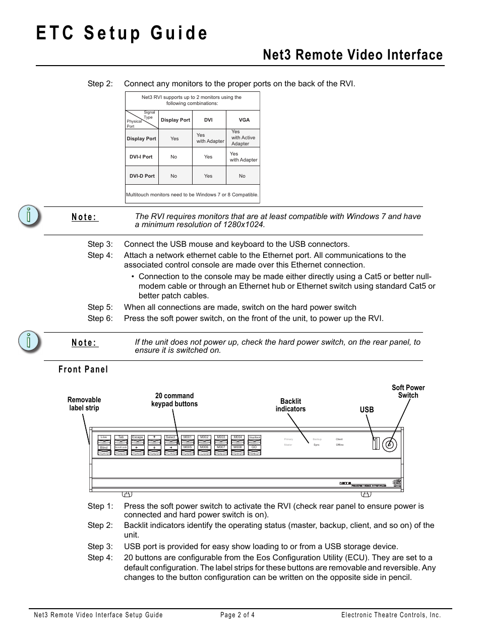 Front panel, Net3 remote video interface, N o t e | ETC Net3 Remote Video Interface (RVI) Setup Guide User Manual | Page 2 / 4