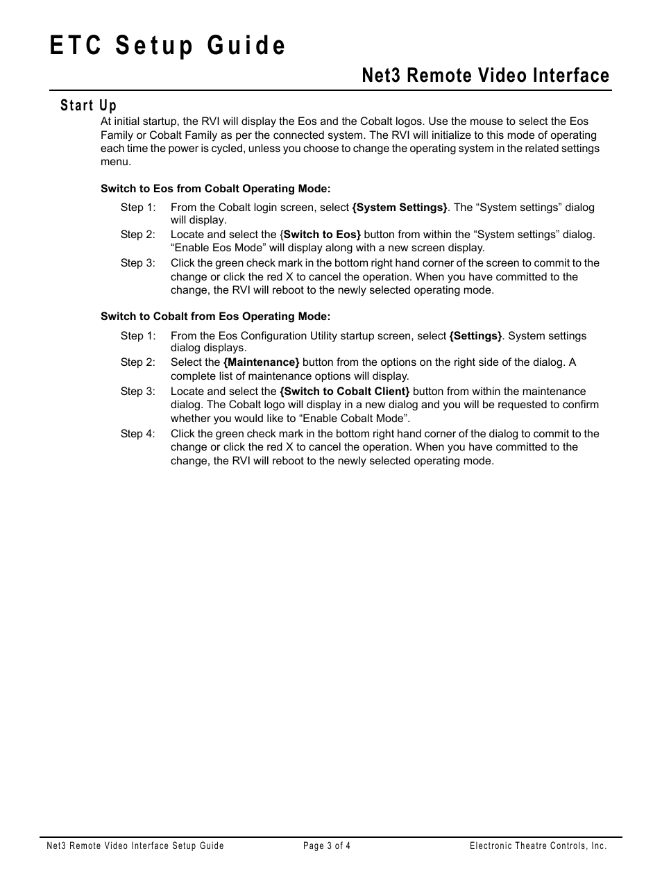 Start up, Net3 remote video interface | ETC Net3 Remote Video Interface (RVI) Setup Guide User Manual | Page 3 / 4