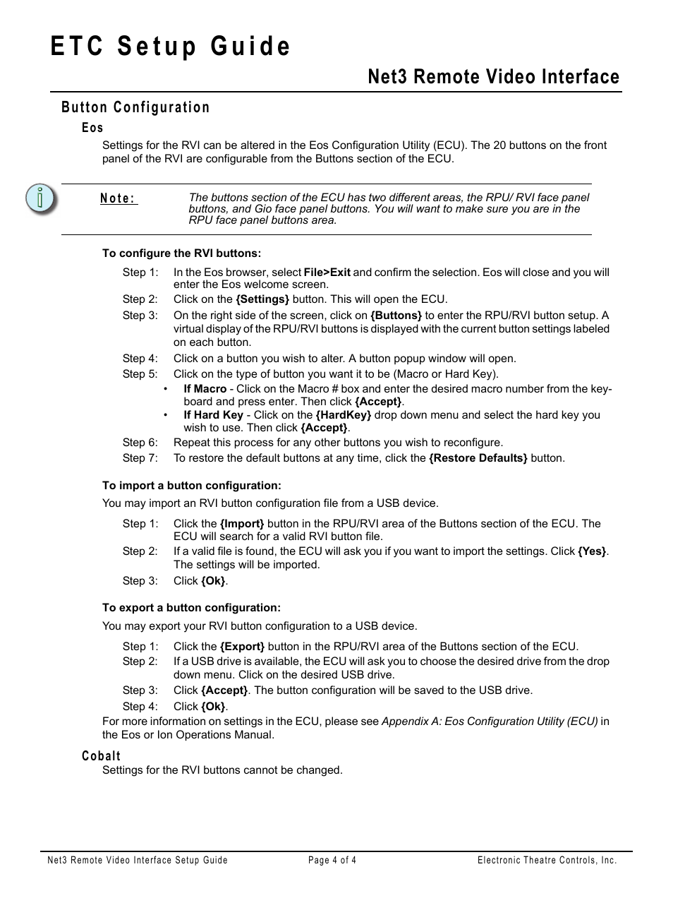 Button configuration, Cobalt, Net3 remote video interface | ETC Net3 Remote Video Interface (RVI) Setup Guide User Manual | Page 4 / 4