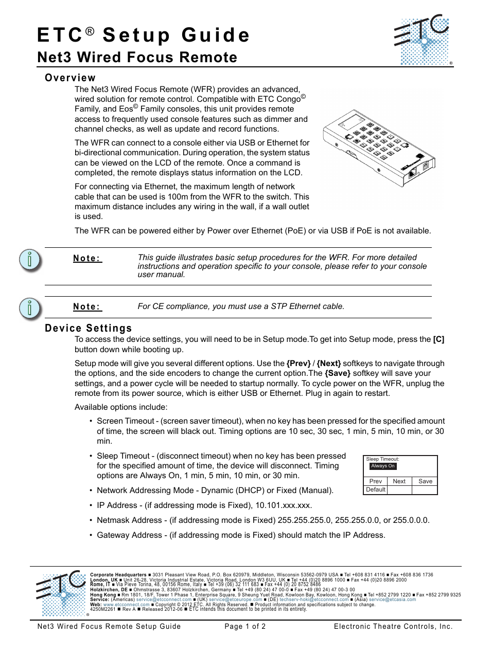 ETC Net3 Wired Focus Remote (WFR) Setup Guide User Manual | 2 pages