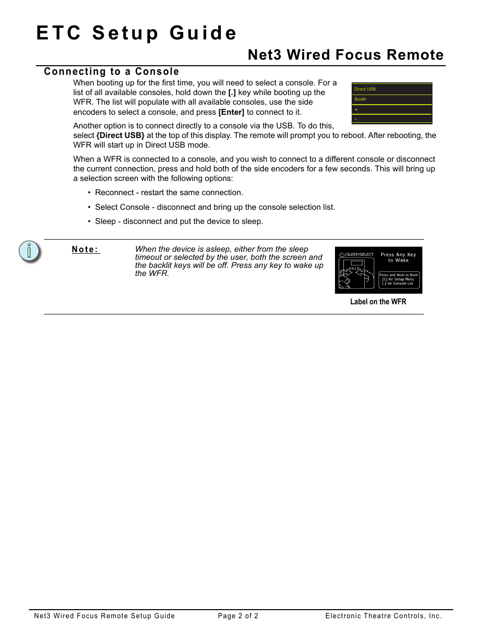Connecting to a console, Net3 wired focus remote | ETC Net3 Wired Focus Remote (WFR) Setup Guide User Manual | Page 2 / 2