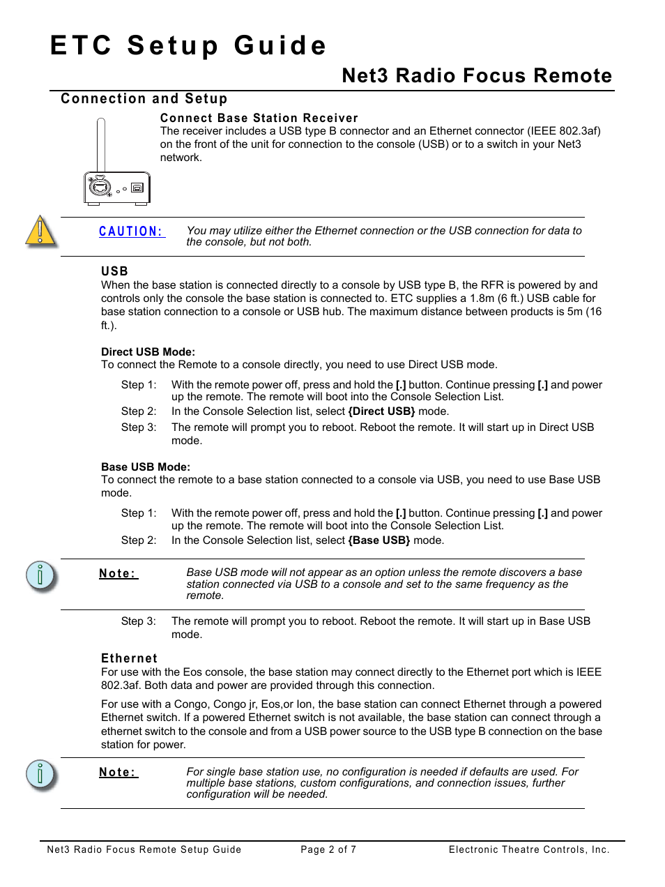 Connection and setup, Connect base station receiver, Direct usb mode | Base usb mode, Ethernet, Net3 radio focus remote | ETC Net3 Radio Focus Remote (RFR) Setup Guide User Manual | Page 2 / 7