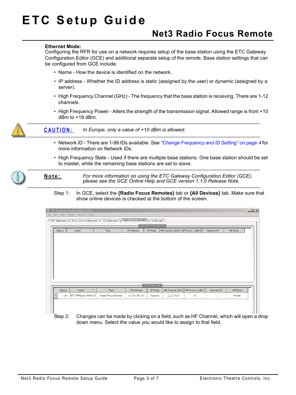 Ethernet mode, Net3 radio focus remote | ETC Net3 Radio Focus Remote (RFR) Setup Guide User Manual | Page 3 / 7