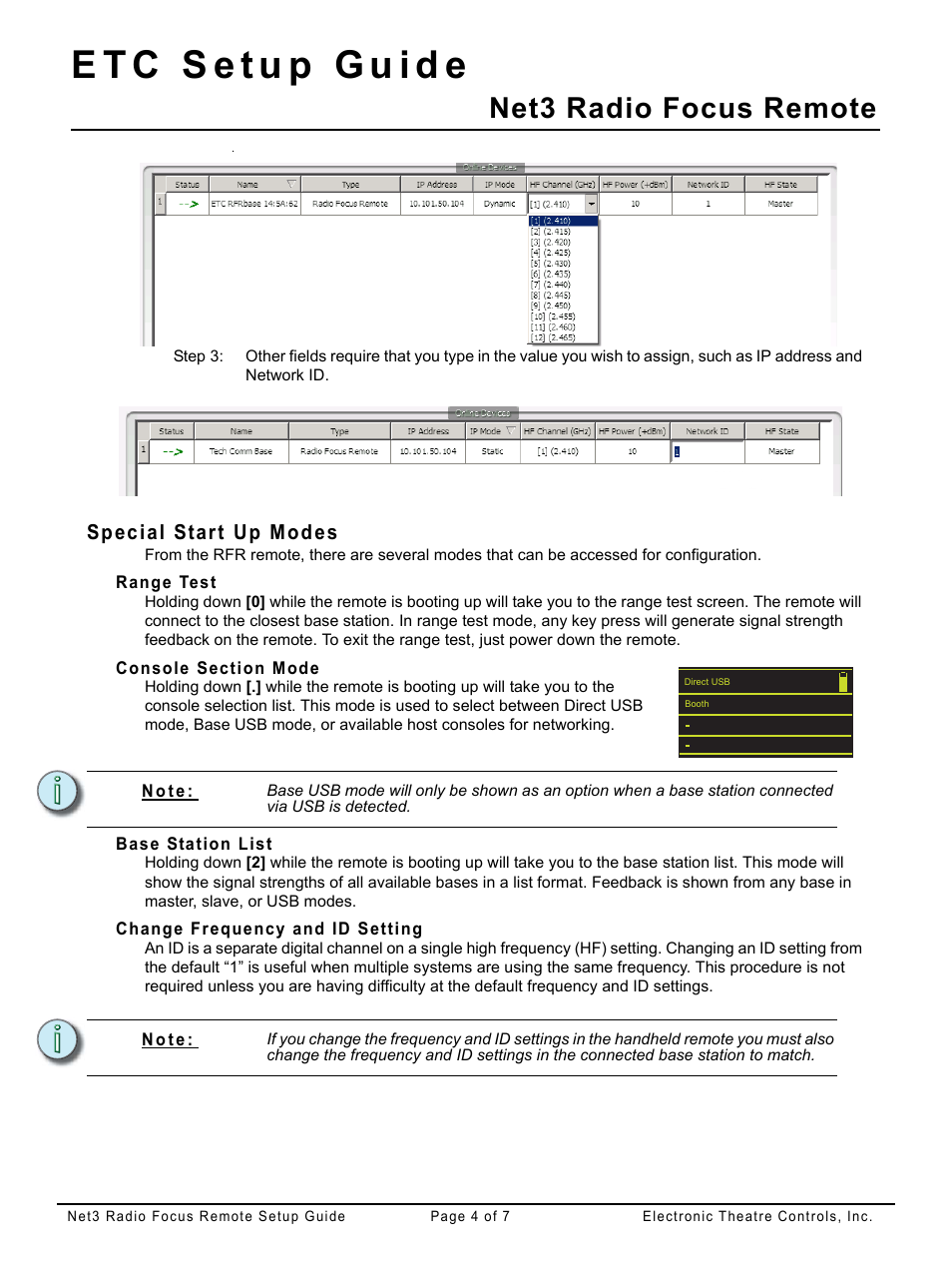 Special start up modes, Range test, Console section mode | Base station list, Change frequency and id setting, Net3 radio focus remote | ETC Net3 Radio Focus Remote (RFR) Setup Guide User Manual | Page 4 / 7