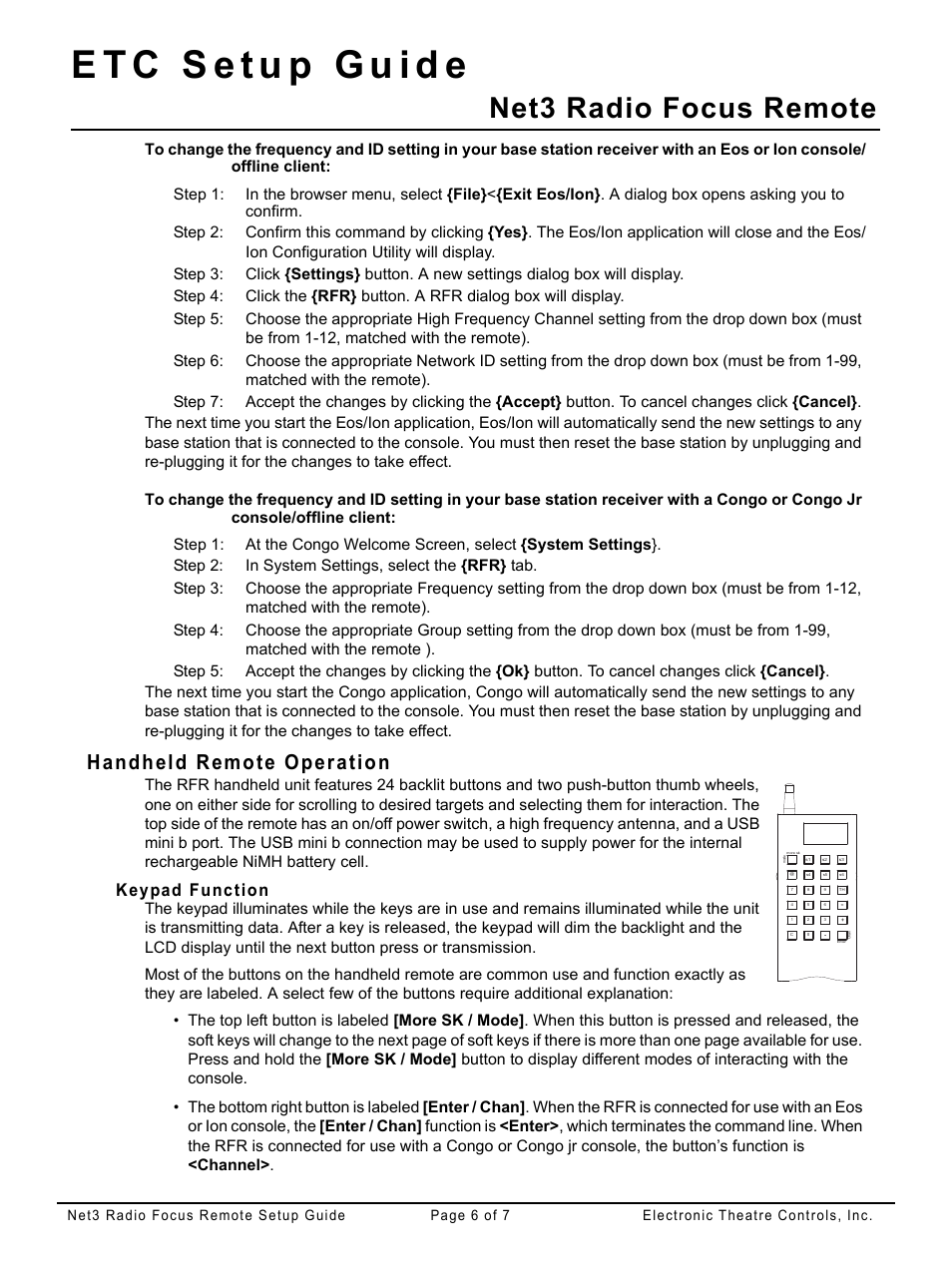 Handheld remote operation, Keypad function, Net3 radio focus remote | ETC Net3 Radio Focus Remote (RFR) Setup Guide User Manual | Page 6 / 7